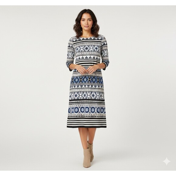 Eliza J Dresses & Skirts - Eliza J Womens Size 6 Blue White Geometric Medallion Shift Dress 3/4 Sleeve Boho